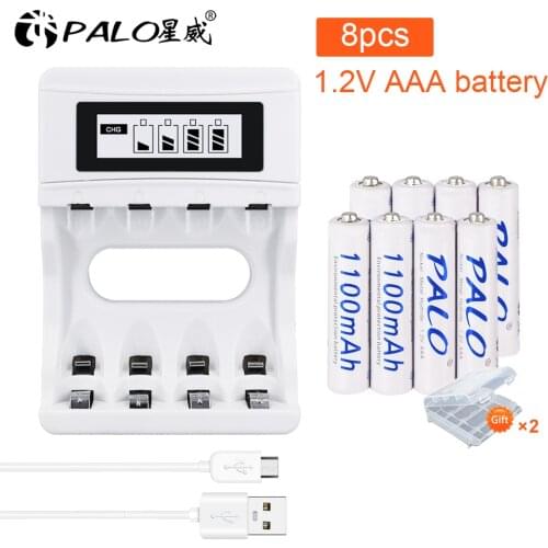 PALO smart 4 Slots LCD display battery Charger for AA / AAA Batteries + 8pcs AAA 1100mah nimh rechargeable batteries
