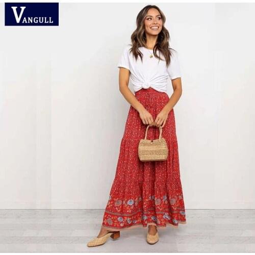 Vangull Casual Country Style Floral High Waist Loose Fashion Printed Elastic Waist Lace-up 2021 Summer New Women Skirt