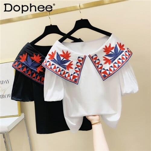 Vintage Chic Flower Embroidered Doll Collar Shirt for Women 2021 Summer New Loose Slimming Puff Short Sleeve Blouse Pullover Top