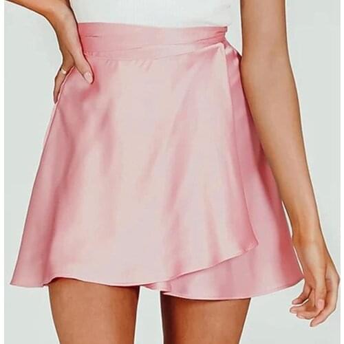 Women Summer High Waist Lace-Up Loose Casual Chiffon Satin Mini Skirt Solid Color Fashion Short Skirts