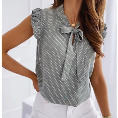 Polka Dot Office Shirts For Ladies 2021 Summer Fashion Clothes Womens Bowknot Ruffle Sleeveless Tops Tank Vest Blouse Shirts