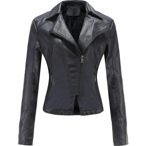 Womens Stylish Oblique Zip Slim Faux Leather Biker Outerwear Jacket