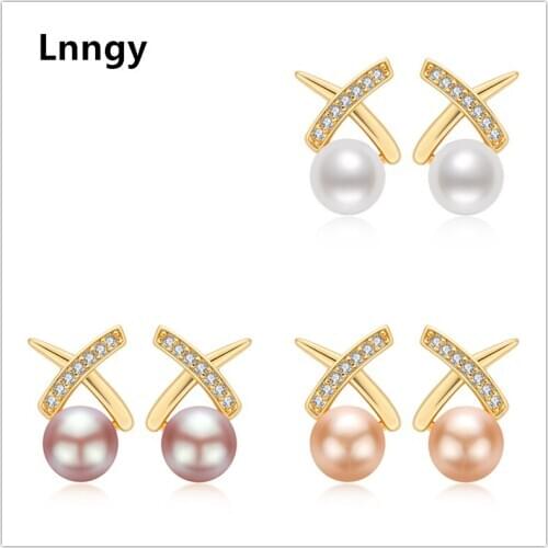 Lnngy 14K Gold Filled Stud Earrings 5.5-6mm Natural Freshwater Pearl Staggered Stud Earrings Women Lady Engagement Jewelry Gifts