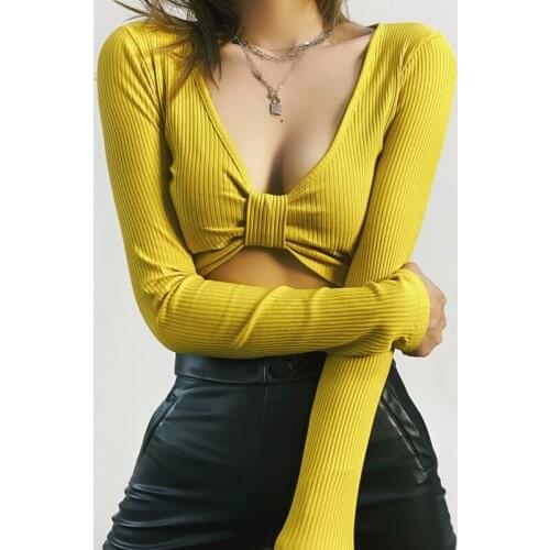 WOMENGAGA Women Knot Front Long Sleeved Rib Top Super Crop Top With Knot Front Summer Tops Hot Sexy Korean T Shirt WUYJ