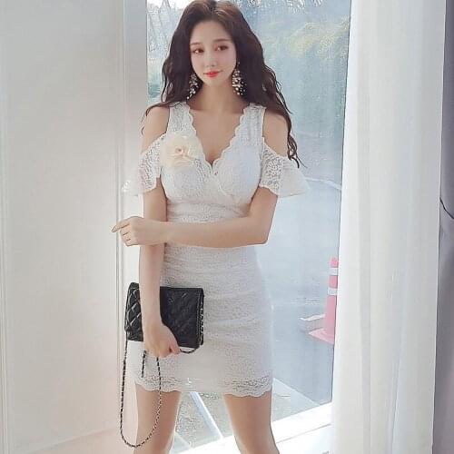 New Summer Korean Style Elegant Mini Party Club Dress Ladies OL Sexy Lace V-Neck Strapless Tank Bodycon Vacation Short Dress