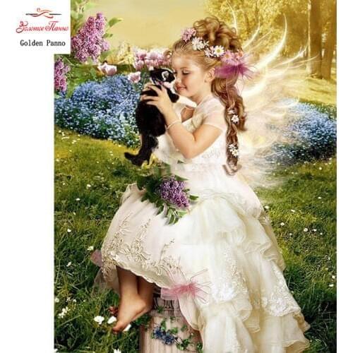 Golden panno,Full,DIY Diamond Embroidery,5D,Diamond Painting,Cross Stitch,3D,Diamond,Mosaic,Needlework,wall decor,Little girl wi