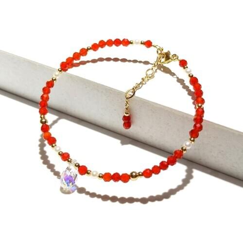 Lii Ji Carnelian White Freshwater Pearl Austrian Crystal Drop Beaded Sparkling Bracelet American 14K Gold Filled Bracelet 17+3cm