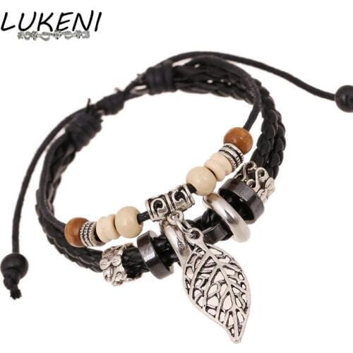 LUKENI Genuine Leather Bracelet Men Jewelry Alloy Leaves Beads Loom Bands Charm Paracord Bracelets & Bangles Men Women SL011
