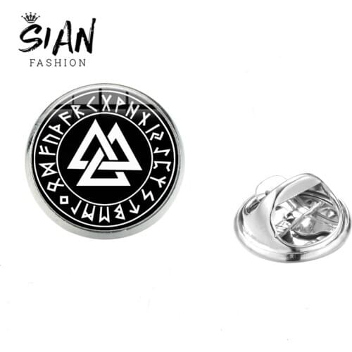 SIAN Valknut Norse Viking Brooch Odin 's Symbol of Norse Warrior Glass Cabochon Pagan Norway Amulet Stainless Pin Badge for Men