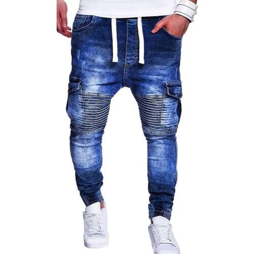 Men Fashion Multiple Pocket Pleated Knee Slim- Fit Jeans Drawstring Casual Long Pants Trousers Mens Clothing