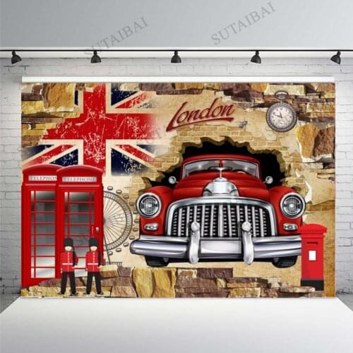 Custom Photography Backdrops London Flag Car Retro Brick Wall 3d Wallpaper Decorations Child Photo Background Photo Studio Props