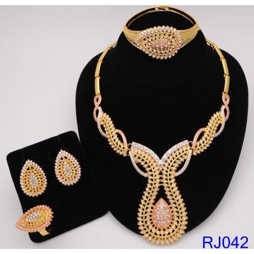 Hot Sale Bride wedding Necklace Set Zircon Jewelry Sets Necklace Earrings Bracelet Ring Gold Plated Women Jewelry Wedding Gift