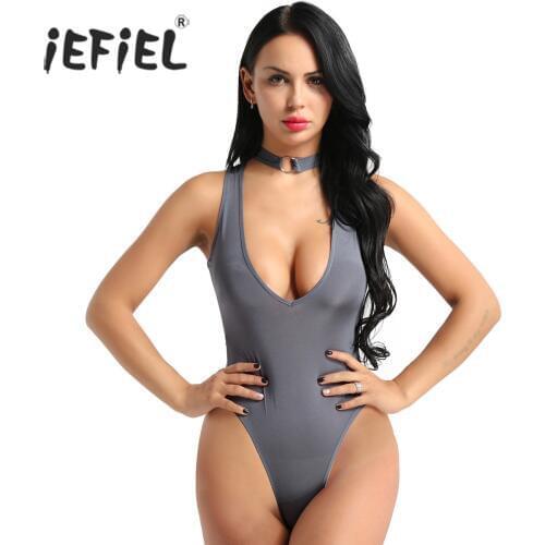 IEFiEL Women One Piece Catsuit See Through Sheer Lingerie Crotchless Sexy Clubwear Collar High Cut Crothless Leotard Bodysuit