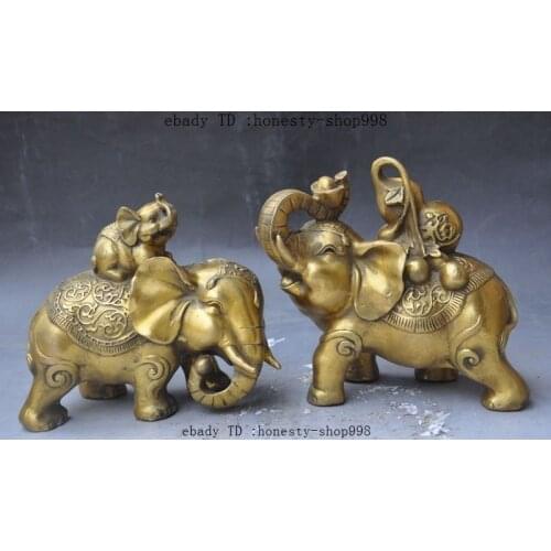 China Fengshui Brass Wealth Yuanbao Gourd Auspicious Animal Elephant statue pair