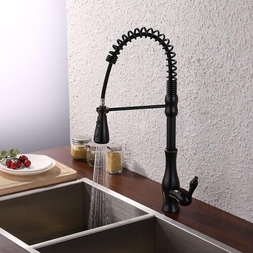 Oil Rubbed Bronze Brass Singel Lever High Arc Pull Down Kitchen Faucet with Retractable Pull Out Wand Sprayer Head Swivel Spout