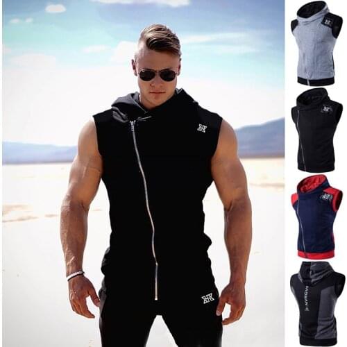 Mens Hooded Vest 2021 Summer New Diagonal Zipper Splicing Leather Printed Fitness Sports Sleeveless Garment European Size 3XL