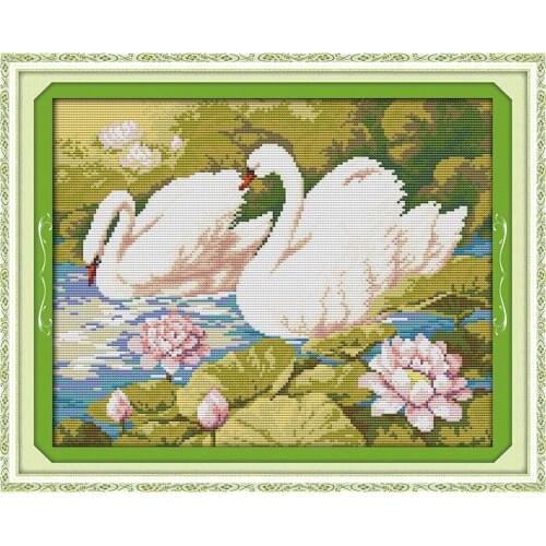 Lotus pond & swan(1) cross stitch kit 14ct 11ct pre stamp canvas cross stitching animal lover embroidery DIY handmade needlework