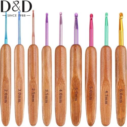9Pcs Crochet Hook Set Long Aluminum Knitting Needle with Bamboo Handle for Yarn Craft DIY Knitting Tool 2-6mm Weaving Needles