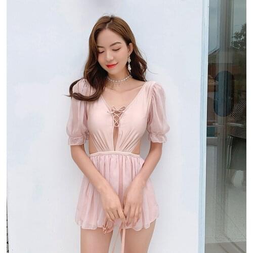 2021 New Short Sleeve One Piece Swimsuit Women Solid Swimwear Skirt Monokini Push Up Pad Bathing Suit Korea Style Swim Suit
