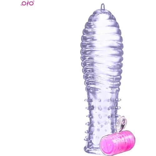 OLO Reusable Delay Condoms Vibrator Sleeve Cock Ring Dotted Cover Penis Erection Impotence Extensions Dildo Gspot Porn Sex Toys