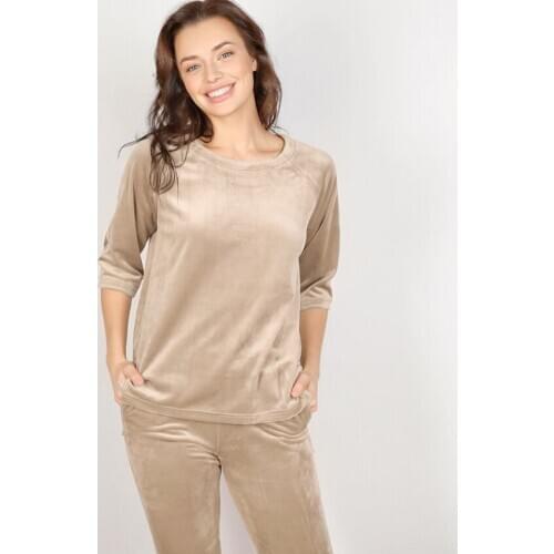 HECHAN Khaki Knitted Velvet Women Pajamas Top And Pants Warm Two Piece Set Irregular Sleepwear Female Home Suit Sets Spring