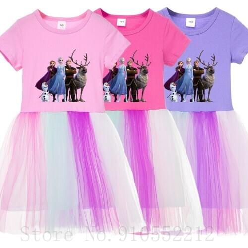 Frozen Elsa Anna Princess Dress Short-Sleeved Mesh Dresses For Girls Disney Cartoon Clothes Girls Summer Cotton Dress