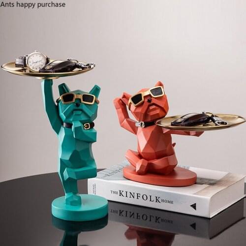 Creative Geometric Resin French Fighting Dog Storage Tray Cartoon Cute Animal Sculpture Crafts Candy Jewelry Storage Tray Home