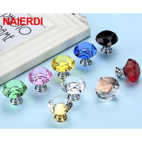 NAIERDI Crystal Glass Knobs Diamond Shape Design Cupboard Drawer Pull Kitchen Cabinet Door Wardrobe Handles Hardware