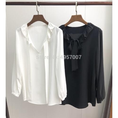 ElfStyle Silk White/Black Blouse Shirt Top Features Ruffled Detail & Ribbon Neckties - 2020 Spring Summer Women Top