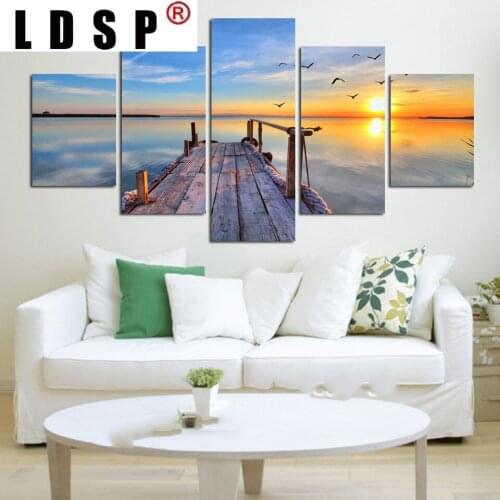 LDSP Modern Printed Pictures Framework Canvas Painting 5 Pcs Sunrise Sea Wood Bridge Wall Art Home Decor Poster For Living Room