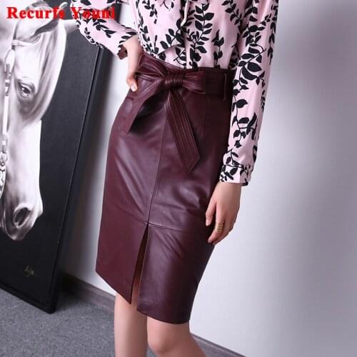 Womens Genuine Leather Skirt Female Autumn/Winter Wine Red/Purple Customer Size Bow Knot Belt Mid-Length Jupe Mujer Saia Midi