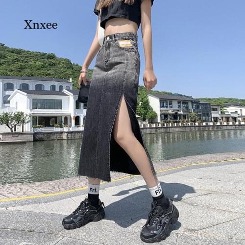 Split Long Denim Skirt Summerwomen New High Waist Loose A-Line Long Skirt Gradient Ins Skirts Fashion Straight Bottoms
