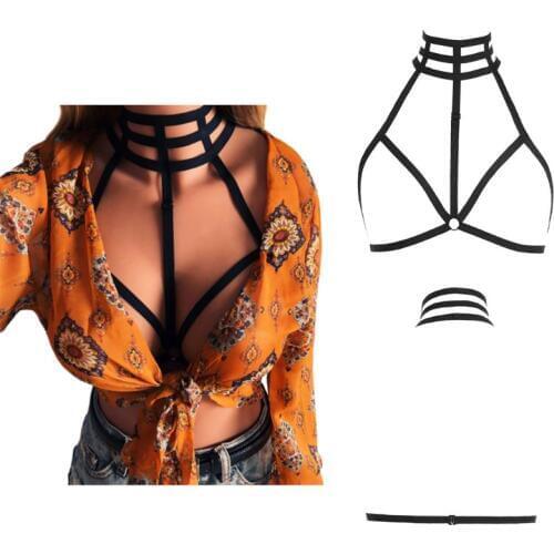 Womens Sexy Halter High Neck Cage Bandage Lingerie Bustier Hollow Out Strappy Harness Bra Erotic Open Cup Underwear Crop Top