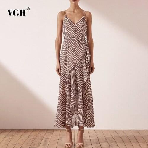 VGH Temperament Zebra Striped Dress For Women V Neck Sleeveless High Waist Backless A Line Midi Dresses Female Summer 2021 Style