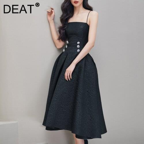 DEAT Woman Dress Black Solid Embossing Diamonds Spaghetti Strap Elegant Slim Waist Dresses Casual Style 2021 New Autumn 15XM452