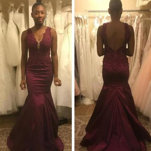 Burgundy Mermaid Prom Dresses 2020 V Neck Backless Sweep Train Appliques Beads Long Formal Evening Party Gowns robes de soirée
