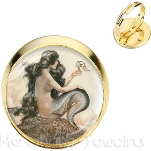 2019 New Arrival Beautiful Mermaid Printed Rings Jewelry The Little Mermaid Glass Cabochon Ring Gifts for Friends