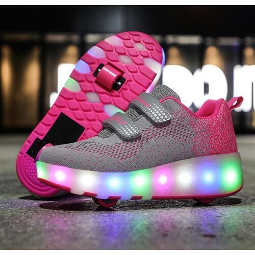 Children Two Wheels Luminous Glowing Sneakers Black Red Pink Led Light Roller Skate Shoes Kids Led Shoes Boys Girls USB Charging