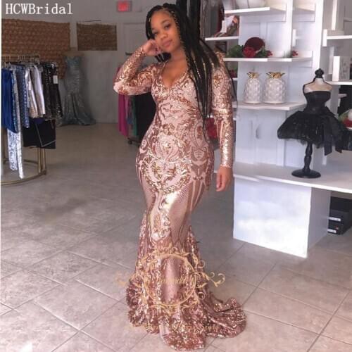 Rose Gold Sequin Long Evening Dresses V Neck Mermaid Long Sleeves African Prom Gown Plus Size Black Girls Graduation Party Dress