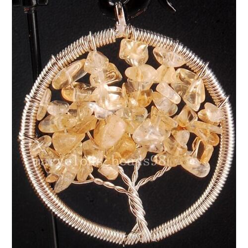 New Fashion 40mm Tree of life - Natural Yellow Crystal Wire Wrap Round Pendant Free Shipping MC4029