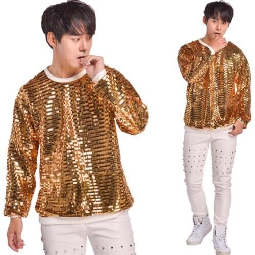 Fashion punk slim sexy gold Sequin shirt men long sleeve shirt teenage korean shirt mens personality stage singer dance