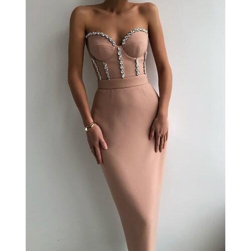 Fashion Beading Diamonds Women Sexy Bandage Dress Off Shoulder Elegant Evening Midi Party Vestidos Festa Femme Club Robe BY2262