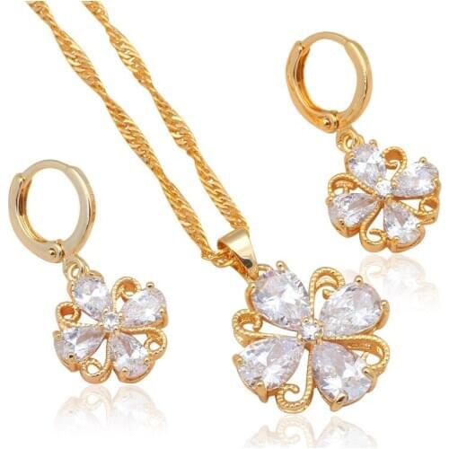 Flower Gold tone Fashion Jewelry sets Necklace Earrings AAA Zircon Austrian SWA Element Health Nickel & Lead free JS590A