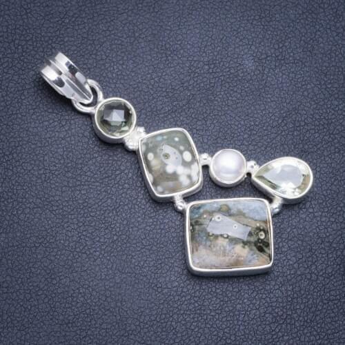 Natural Ocean Jasper,River Pearl and Green Amethyst Handmade Unique 925 Sterling Silver Pendant 2" A0581
