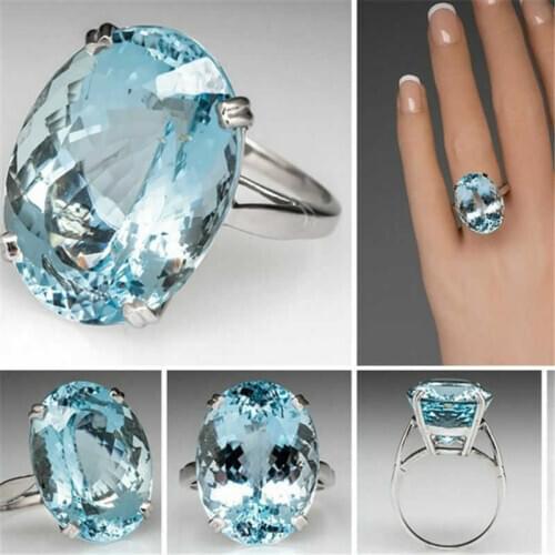 New fashion womens inlaid sea blue ring Oval Cut Engagement Ring Size 6-10