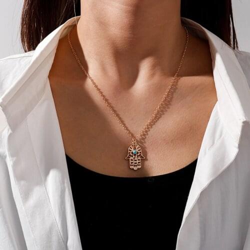 European Hollow Hamsa Hand Necklaces for Women GIrl Alloy Gold Color Natural Stone Chain Necklaces Pendants Lucky Gifts Jewelry