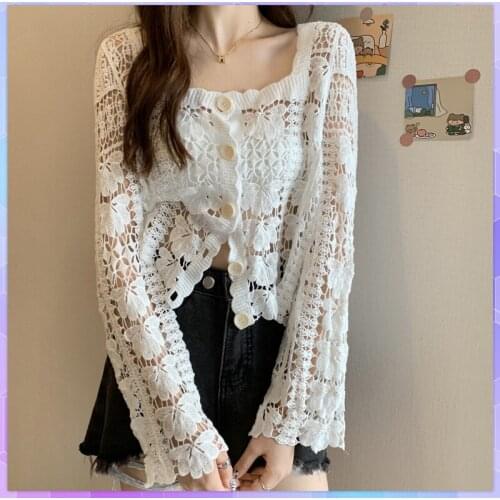 Sexy Floral Hollow Out Beach Cover Up Crop Top Women Square Collar Summer Pareo Long-Sleeved Lace Cardigan Bikini Cover Up