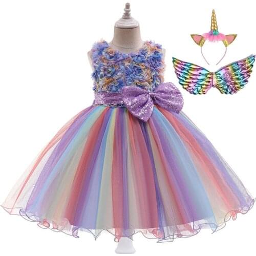 Flower Girl Unicorn Rainbow Wedding Party Dress Kids Birthday Fancy Bow Costume Girls Princess Tutu Dress Baby Clothes Vestidos