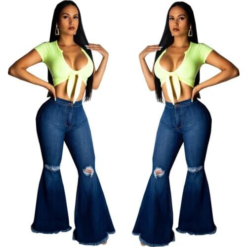 Flared Jeans Woman High Waist Ripped Denim Ladies Grunge Push Up Blue Bell Bottom Jeans Streetwear Plus Size Free Shipping