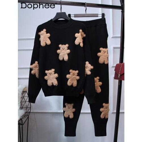 TrackSuit Embroidery Cartoon Bear Patchwork Knit Sweater Casual Jogger Pants Two-Piece Sets 2021 Autumn Fashion Women Clothing